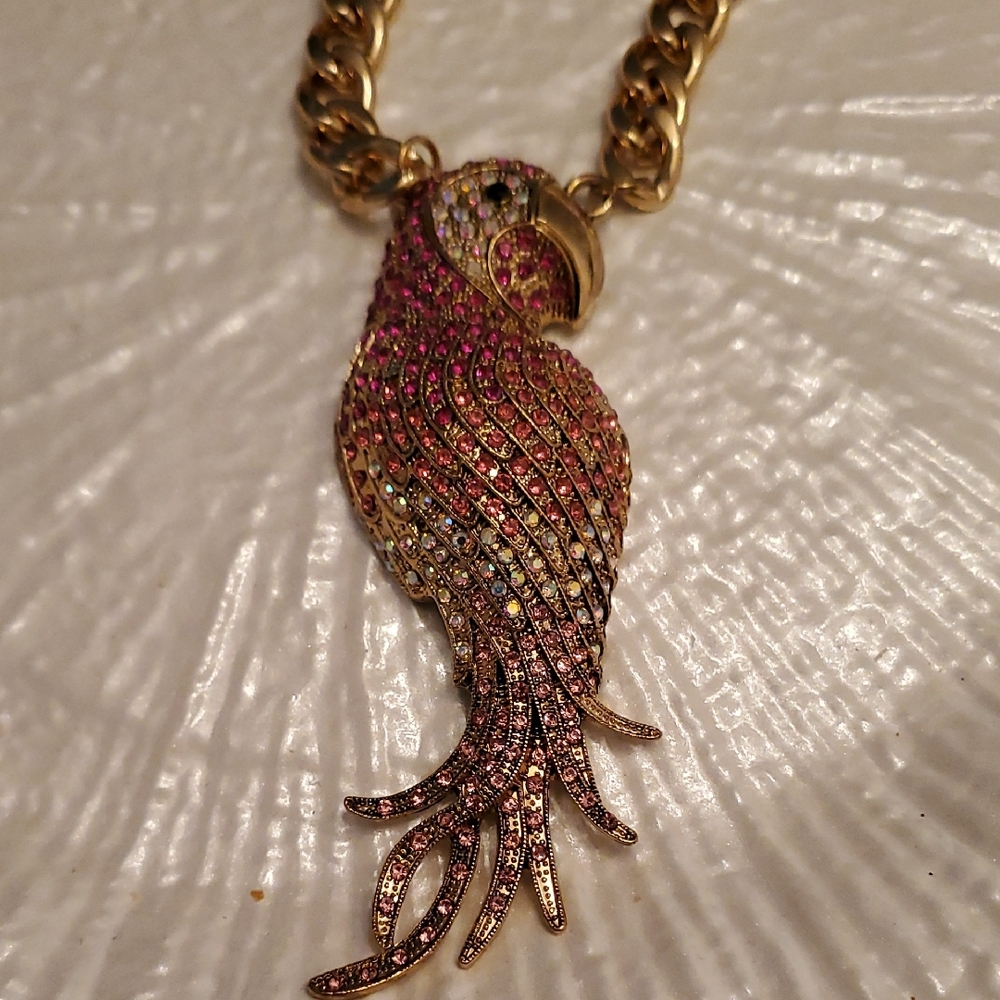 Natasha Couture Gold Parrot Necklace with Pink Crystal Accents